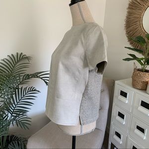LOFT Light Gray Faux Leather & Sweater Knit Back Short Sleeve Blouse Top Small